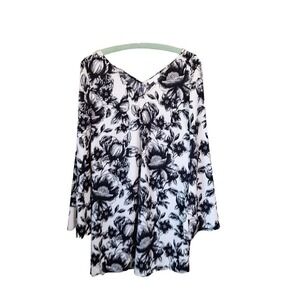 Leith Bell Sleeve Mini Dress Black White Rose Print Tunic Women Size M